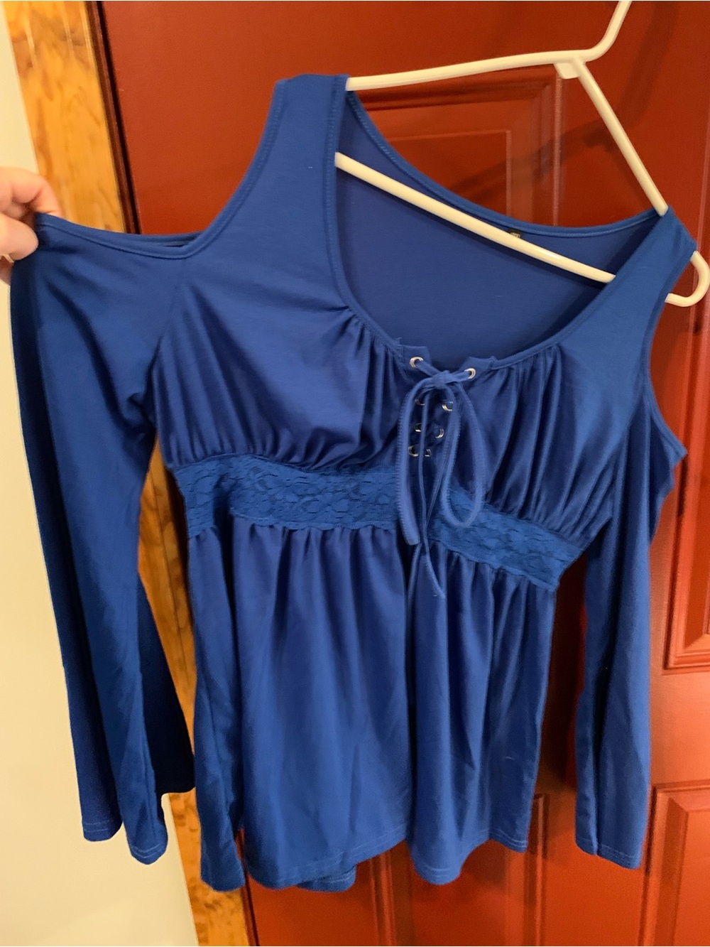 Blue Cold-Shoulder Lace-Trim Tunic Top with Long Bell Sleeves